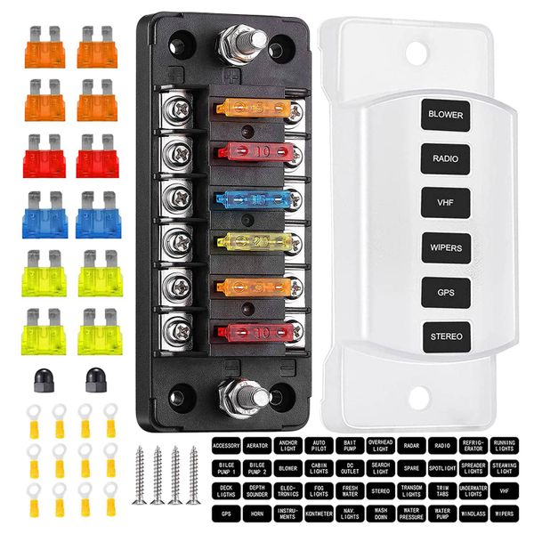 6 Way Fuse Block Blade Fuse Box with Negative Bus Compatible with Universal
