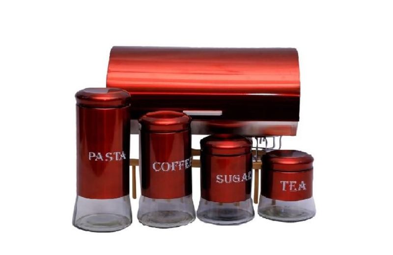 Bread Bin with Tea, Coffee, Sugar &amp; Pasta 5 Piece Canister Set - Red