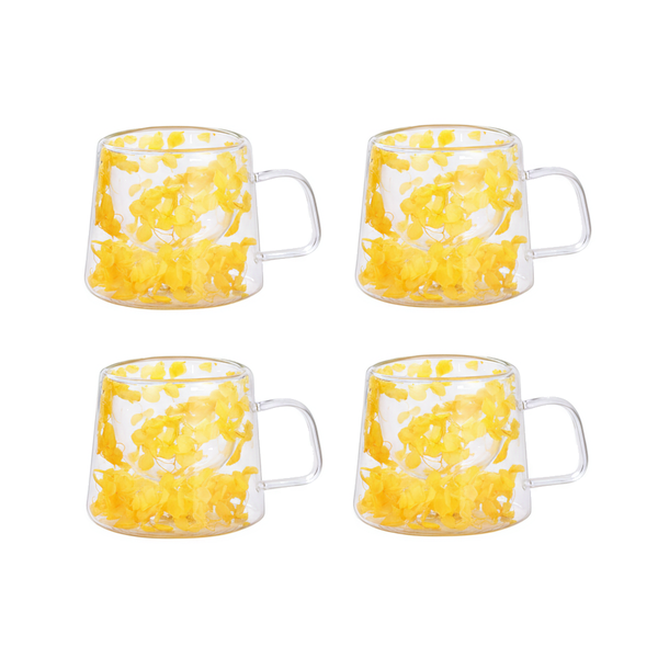 4 Pack 200ml Glass Petal Cup With Handle - Yellow Flowers