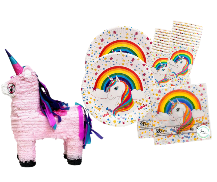 Unicorn Rainbow Party Box - Cups, Plates, Serviettes for 20 &amp; Piñata