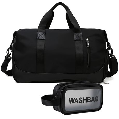 2 Pieces Fashionable Sports Gym Travel Duffel Bag With Toiletry Bag - Black Set Image