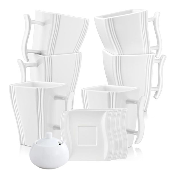 Modern Flora 13-Piece Porcelain Coffee - Latte - Tea Cup &amp; Saucer Combo Set