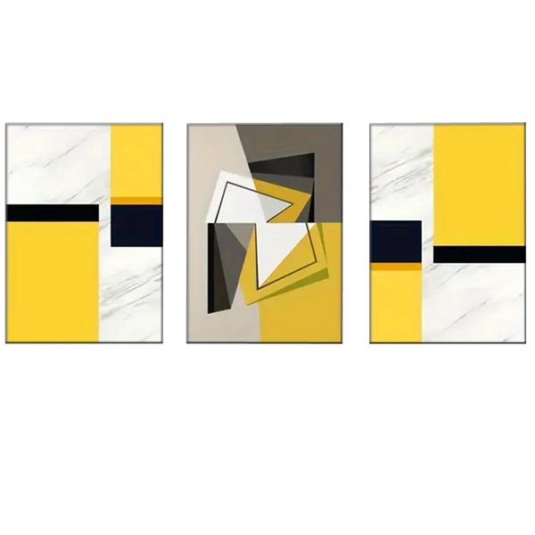 Canvas-Art-3 Pieces Geometric Yellow &amp; White Abstract Wall Art