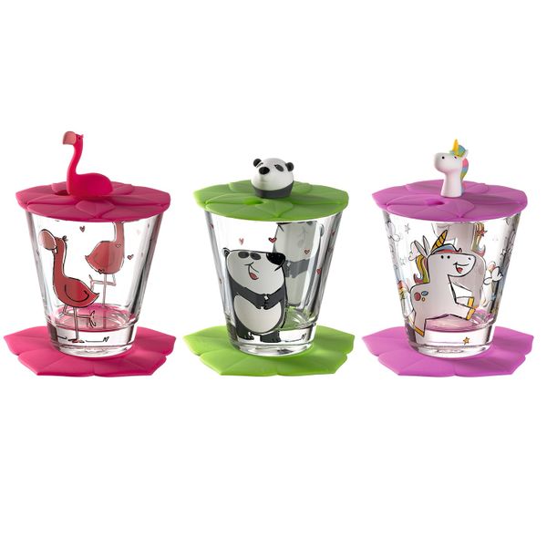 Leonardo Children's Glass, Saucer &amp; Lid Set of 3: Flamingo, Unicorn, Panda