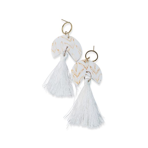 Yours - Resin Hanging Earrings - White Packman Disc With White Tassel