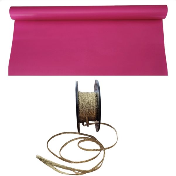 Cerise Wrapping Paper 10m Roll &amp; Gold Lurex Ribbon Combo