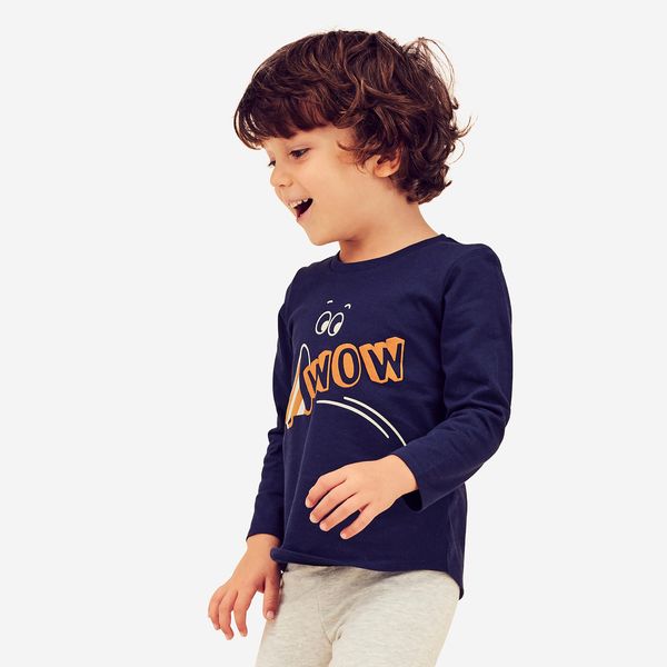 Domyos Kids Long-Sleeved Cotton T-Shirt Basic - Navy Blue with Pattern