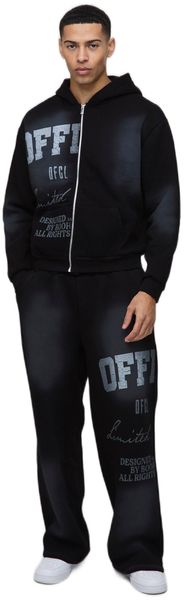 boohooMAN - Men's Boxy Crackle Print Spray Wash Wide Leg Tracksuit - Black