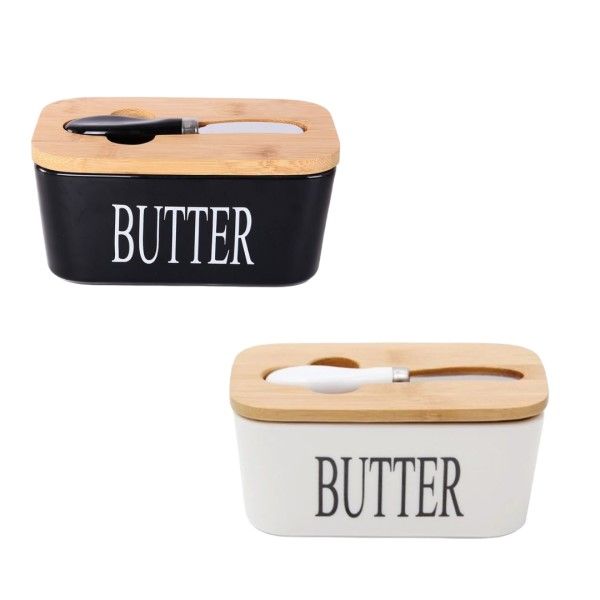 Black &amp; White Butter Dish With Knife Set