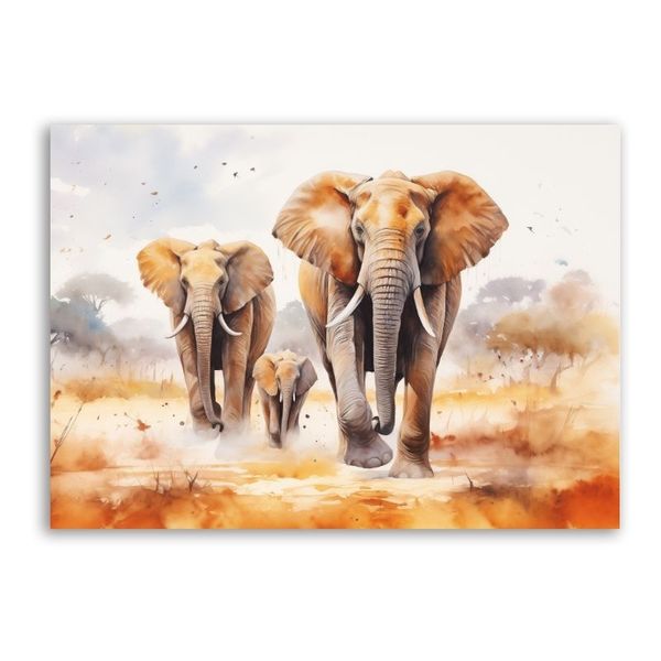 Watercolour Elephants Running Canvas Abstract Wall Art