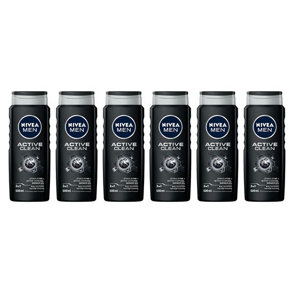 NIVEA MEN Active Clean 3in1 Shower Gel Wash with Active Charcoal, 6x500ml