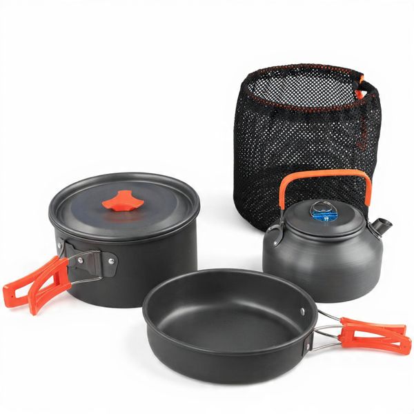 Camping Cookset - Lightweight Non-Stick Pot, Pan &amp; Kettle with Carry Bag