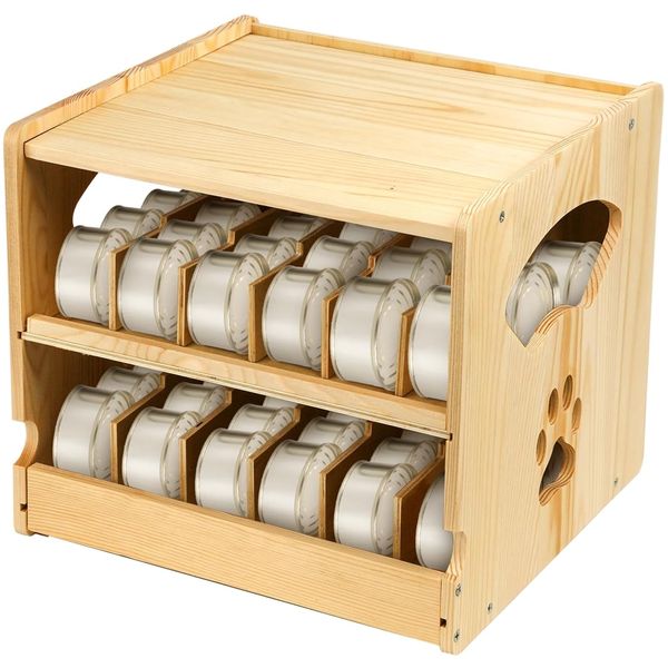 2 Tier Cat Food Cans Storage Organizer, Stackable wood Can Storage Durable