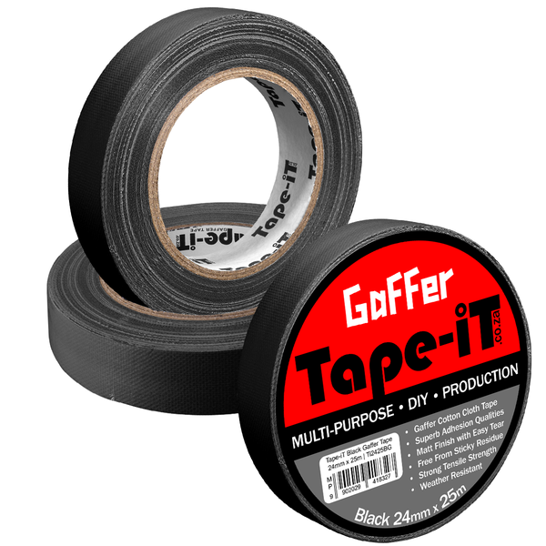 Tape-iT 3 Pack of Black Gaffer Tape Roll 24mm x 25m | Ti2425BG3