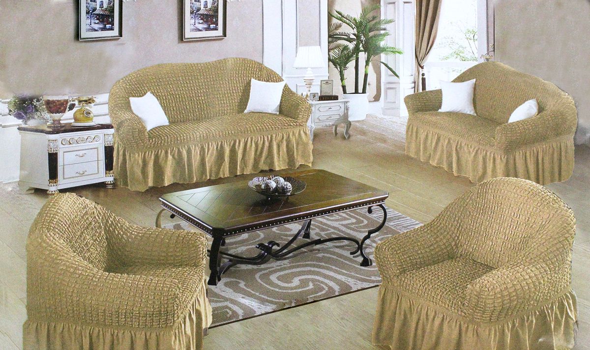 Decadent Ruffled 4 Piece Sofa & Couch Slipcover Set 2 + 2 + 1 + 1