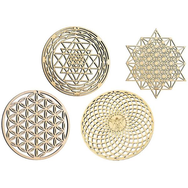4 Pcs Sacred Geometry Wall Art Flower of Life Grid Wooden Accent Decor