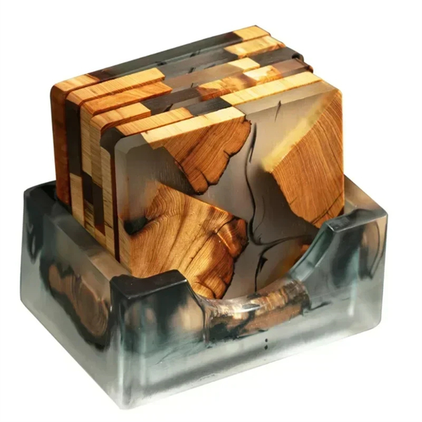 Wood Coasters Set with Epoxy Resin - Modern Coasters with Holder