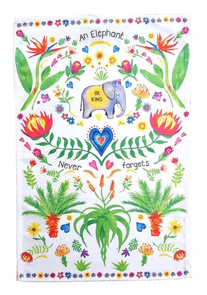 Floral Elephant Never Forgets Animal Tea Towel Dish Cloth 67x44,5cm
