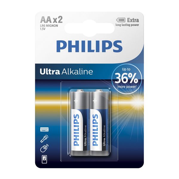 Philips - Ultra Alkaline AA Batteries 1.5V 2 Pack