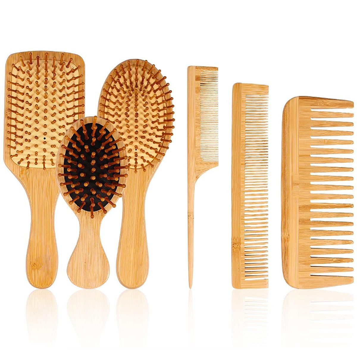 6 Pieces Set Bamboo Detangling Hair Brush Styling Comb