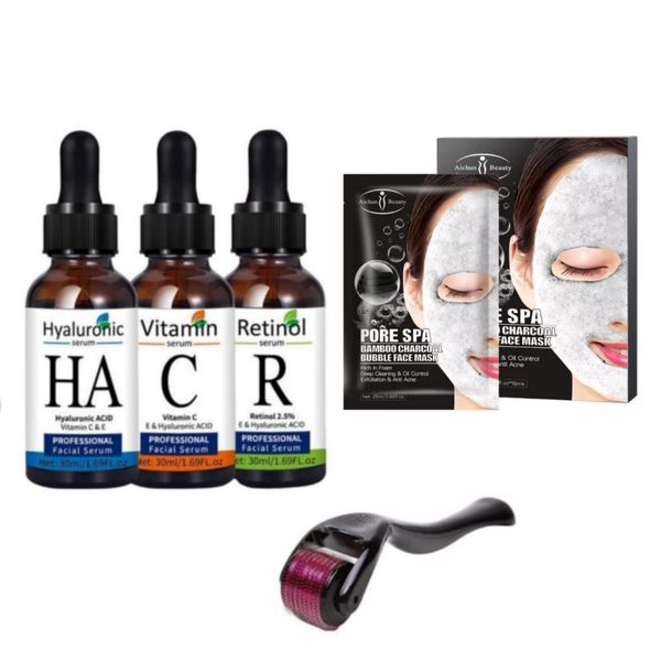 Face Serums Set-Hyaluronic Acid &amp; Vitamin C &amp; Retinol, derma roller, masks