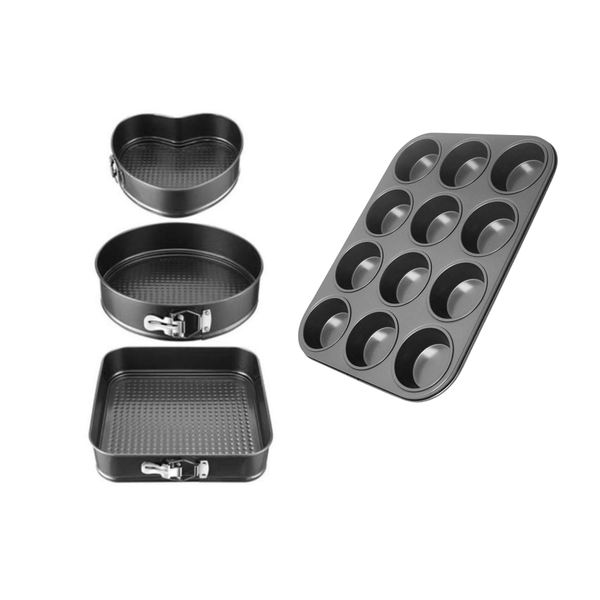 Non Stick Shape Cake Mould Pan 3 Pieces &amp; Muffin Pan 12 Cup basic (Combo)