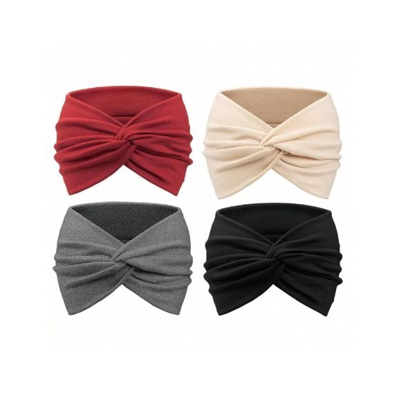 4 Pieces of Women's Stretch Kink Solid Color Wide Headband