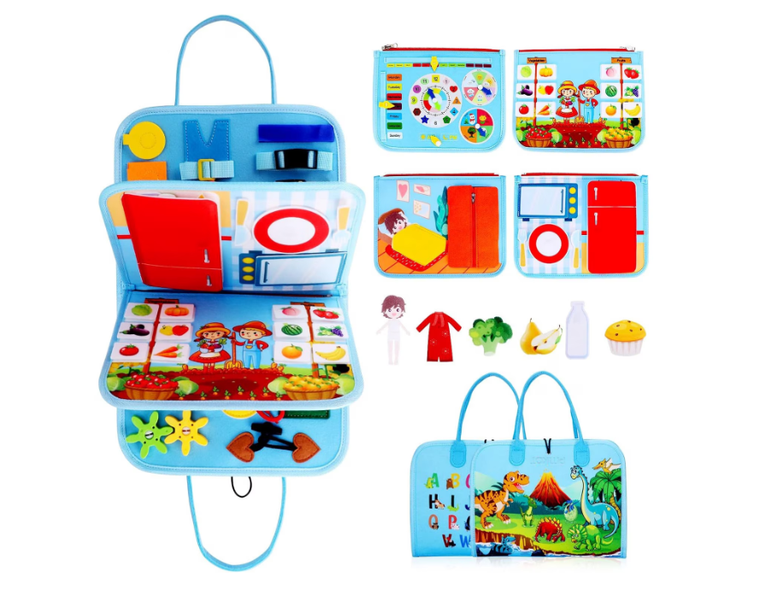 Interactive toy, Montessori-style busy board, combining a book, folder