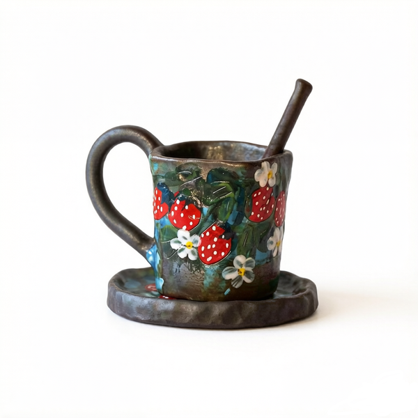 Hand-Pinched Hand-Painted Ceramic Coffee Mug with Saucer &amp; Spoon Artisanal