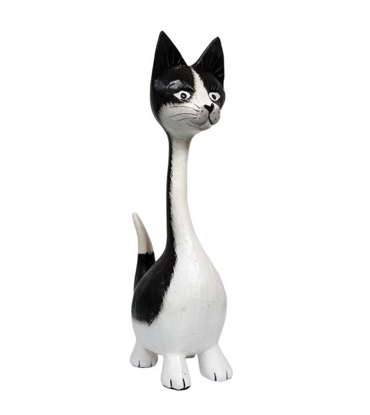 Cat Long Neck Black and White Wooden Ornament - 18cm