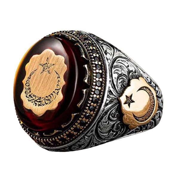 Turkish Stone Men's Vintage Alloy Signet Ring with Diamond Accents