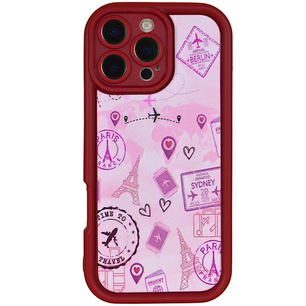 Phone Case with Travel Theme &amp; Pro Cam - Iphone 16 Pro Max - Pink Burgundy
