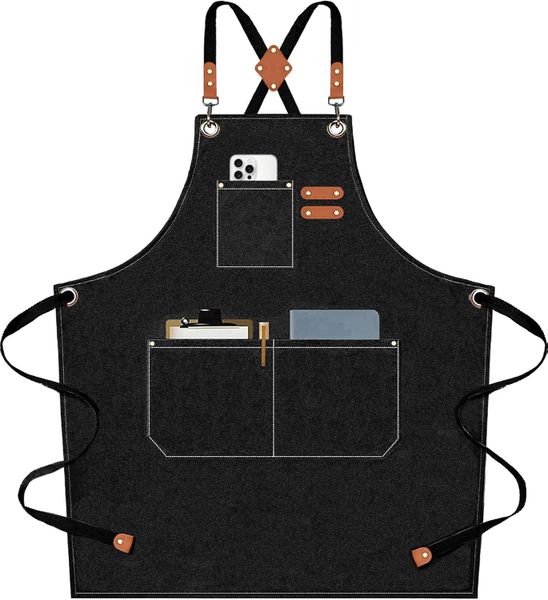 Chef Apron,for Men Women Canvas Aprons,Black Cotton Cross- Back Apron