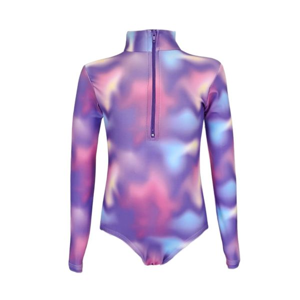 Girls Swim Costume Long Sleeves Pink Purple Colour Swirl