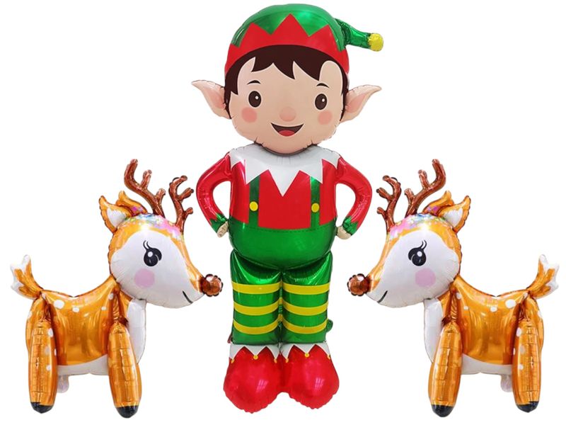 Cute Christmas Elf &amp; Reindeer Balloon Trio - Festive Standing Décor Set
