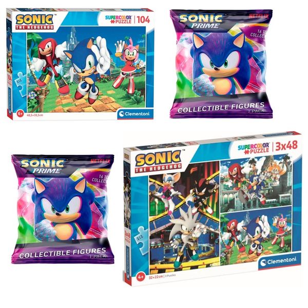 Clementoni Sonic 3 x 48 &amp; 104 Piece Puzzle with Blindbox Foilbag Bundle