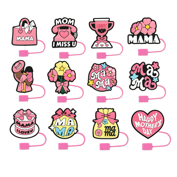 12-piece Mother's Day Straw Covers Toppers Cap For 9-10mm Straws Gifts for Mom