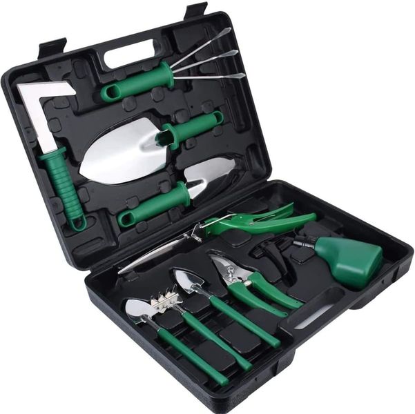 10 Pieces Green Garden Tool Set In Carry Case With Handle Outdoor Gift Novelty