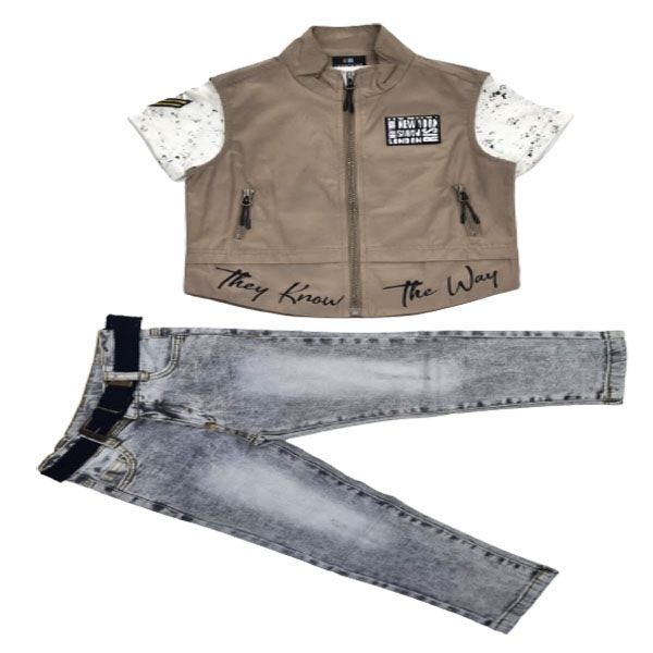 Boys Light Grey and Brown Top Denim Jean Set