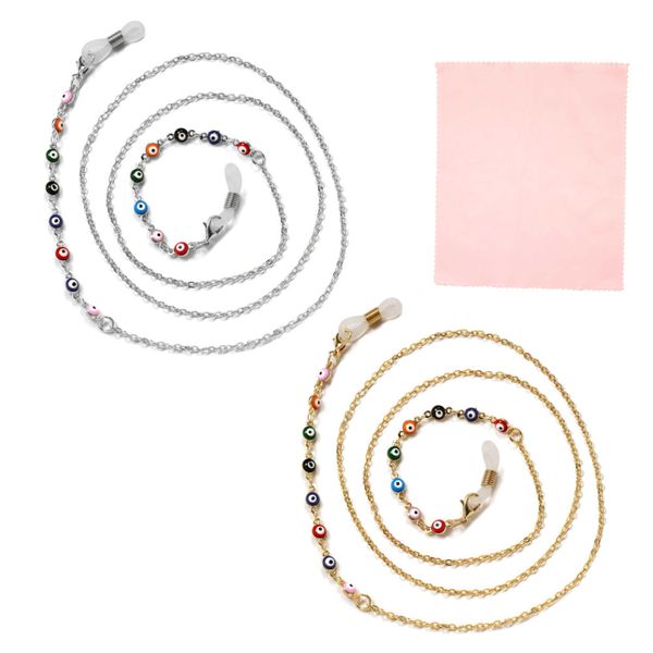 Anti-Slip Eyeglass Chains &amp; Microfiber Cloth - Gold &amp; Silver - Evil Eye - 2 Pack
