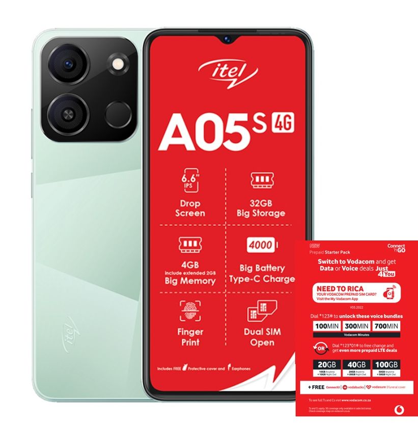 Itel A05s 32GB Dual Sim - Green(NL) + Vodacom Sim Card Pack