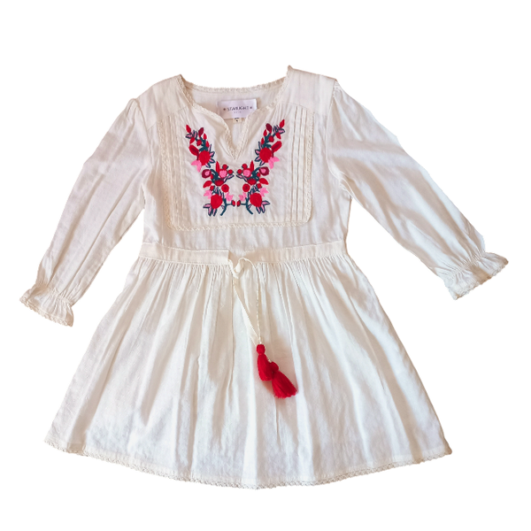 Girls Cream Embroidered Viscose Dress