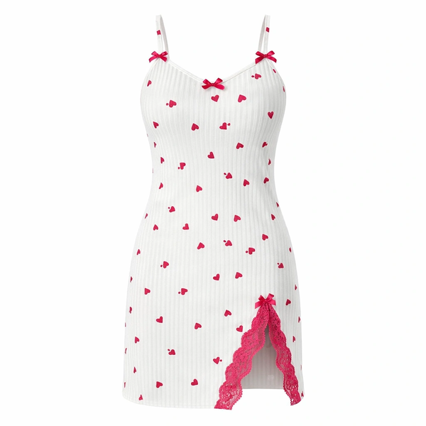 Lace Bow Suspender Nightgown - White And Red