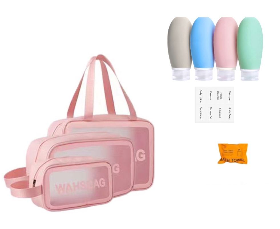 3 Pieces Cosmetic Wash Bag (Pink) & Mini Travel Bottles & Travel Towel