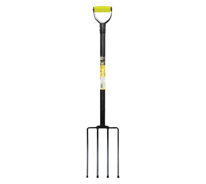 Four Prong Garden Fork - Black and Yellow Heavy-Duty Tool for Digging,