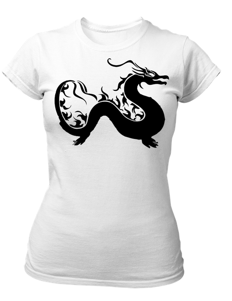 PepperSt Ladies White T-Shirt - Black Dragon