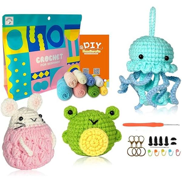 Crochet Amigurumi Kit - Hamster, Frog and Jellyfish Keyrings Wool Art DIY