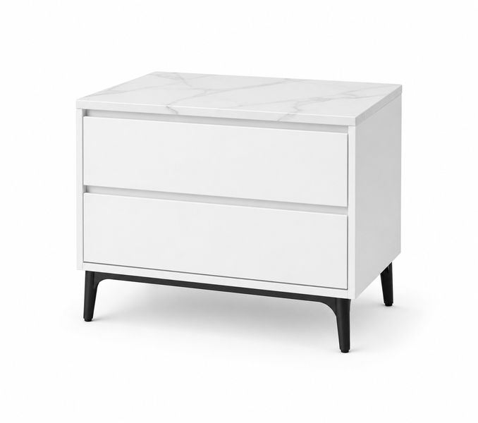 White 2-Drawer Bedside Table Nightstand with Marble-Effect Top