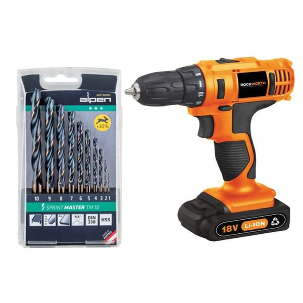Rockworth Cordless Drill Combo with Alpen HSS Sprint Drill Bit Set 10 Piece