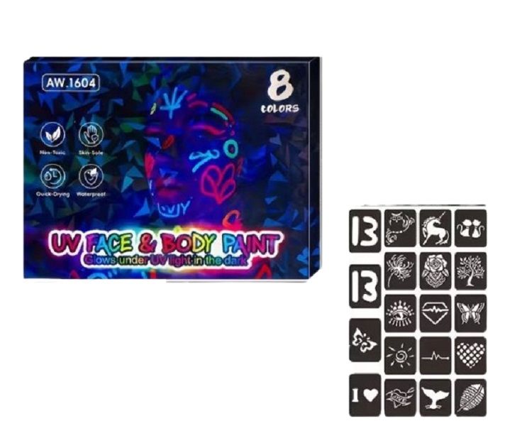 8 Pieces Fluorescent Glow In The Dark Tattoo Pens W/ 31 Reusable Stencils